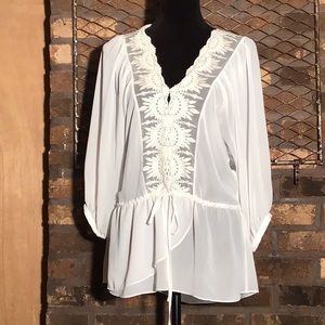 Cynthia Steffe sheer 3/4 sleeve blouse white M